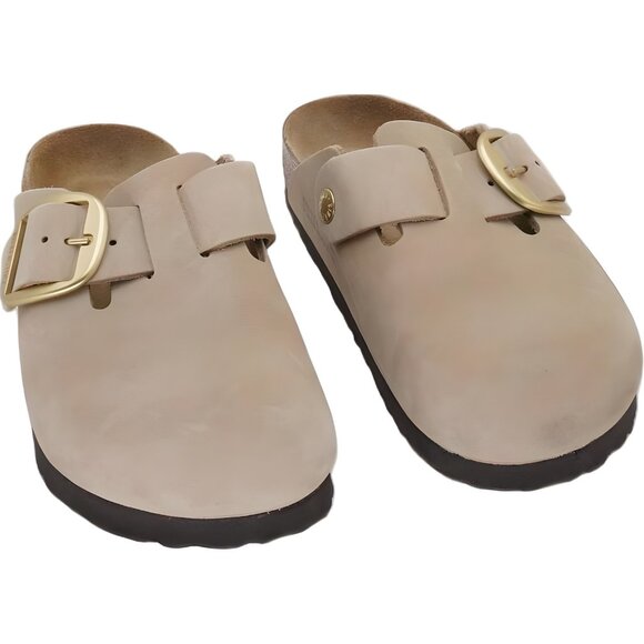 Birkenstock Boston Big Buckle Sandcastle Tan Clogs Gold Buckle US 5 EU 36 - Picture 1 of 6
